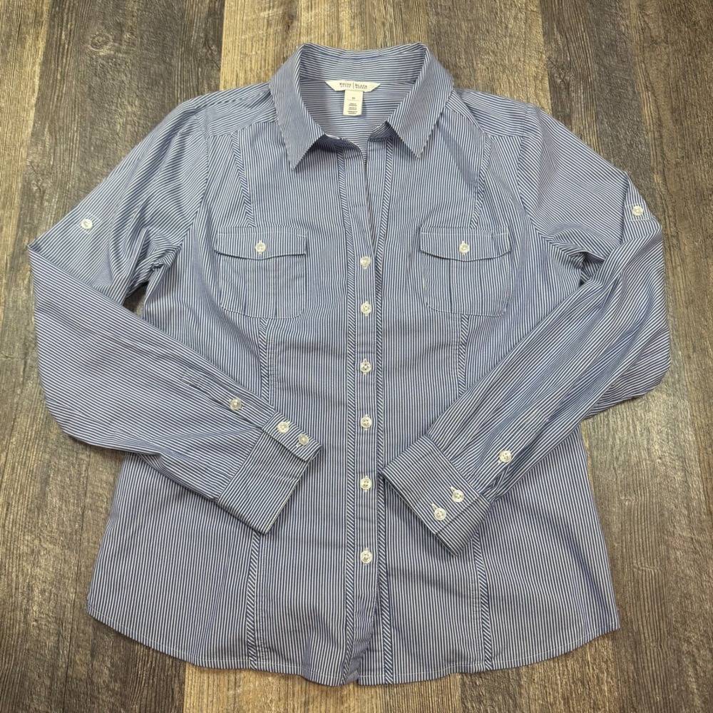 White‎ House Black Market Blue Pinstripe Button Up Blouse Womens 10 Nautical Tab